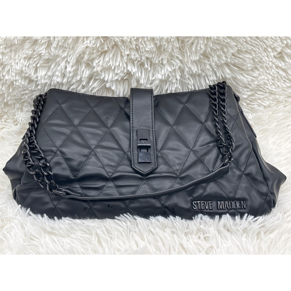 Steve Madden Black Quilted Shoulder Bag Triple Compartment Turn Lock Chain Strap